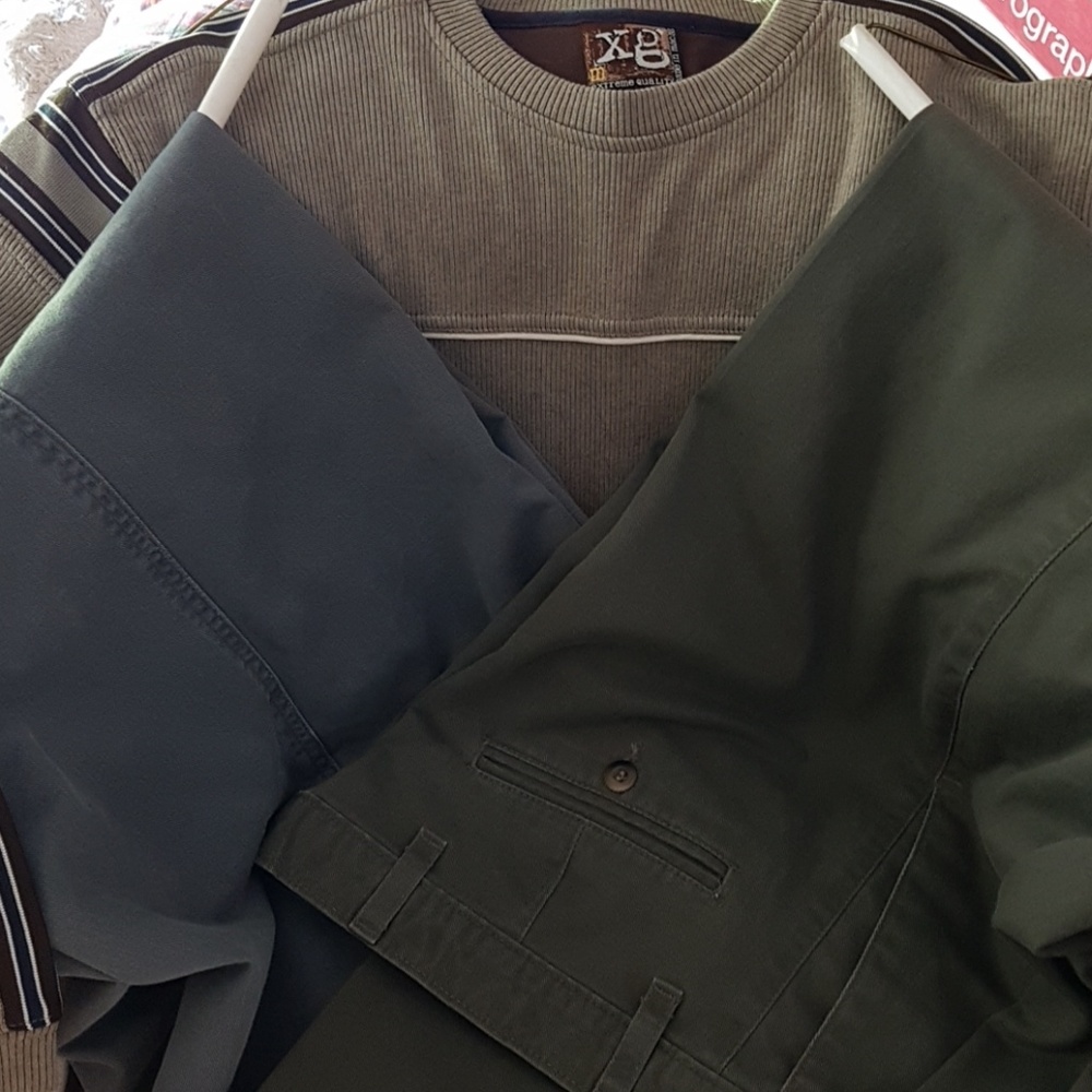 Dockers pants, green and gray; dress sweater